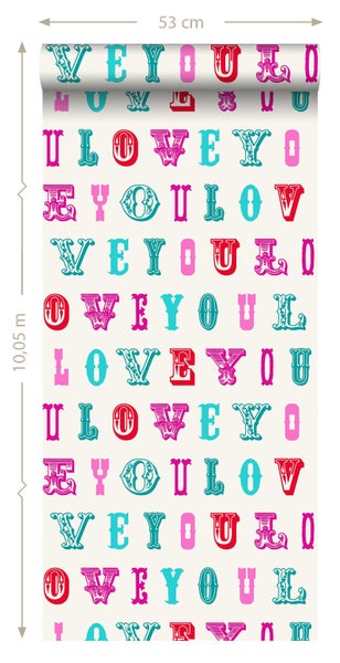 ESTAhome Tapete love you - Sprüche Türkis und Rosa - 53 cm x 10.05 m - 136832