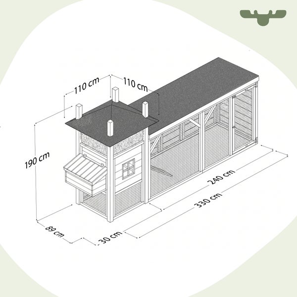 Illustration eines Hühnerstalls mit Abmessungen