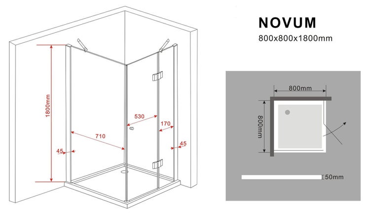 Novum Duschkabine mit den Maßen 800x800x1800 Millimeter.