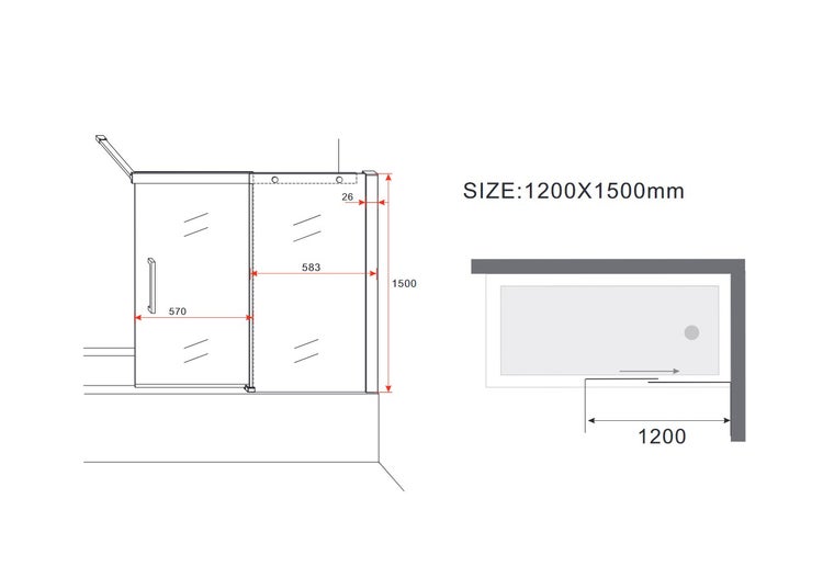 Technische Zeichnung einer Duschkabine mit Größenangaben