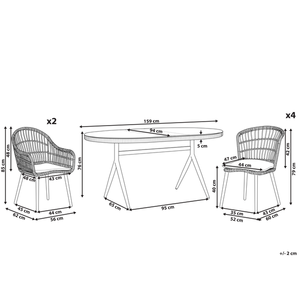 Maße des Gartentischsets mit sechs Stühlen