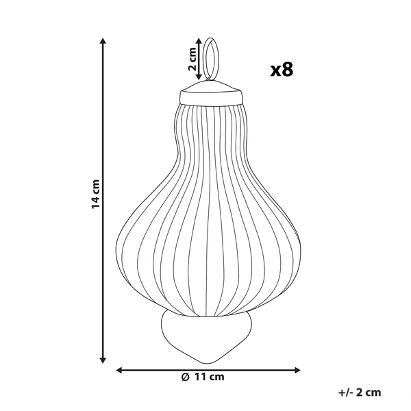 Abmessungen eines Ornamentes im 8er Set: 14 cm hoch, 11 cm Durchmesser.