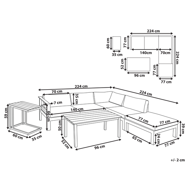 Maße einer Loungegruppe mit Ecksofa, Tisch und Beistelltisch