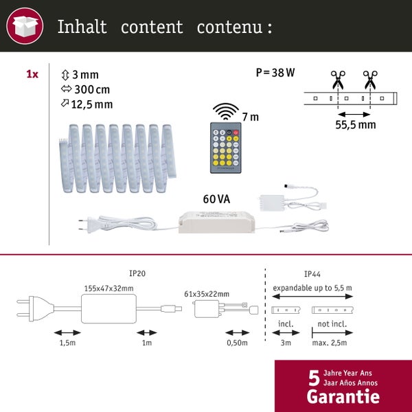 Packungsinhalt eines LED-Streifens mit Fernbedienung und Netzteil mit technischen Details wie Maßen und Leistung