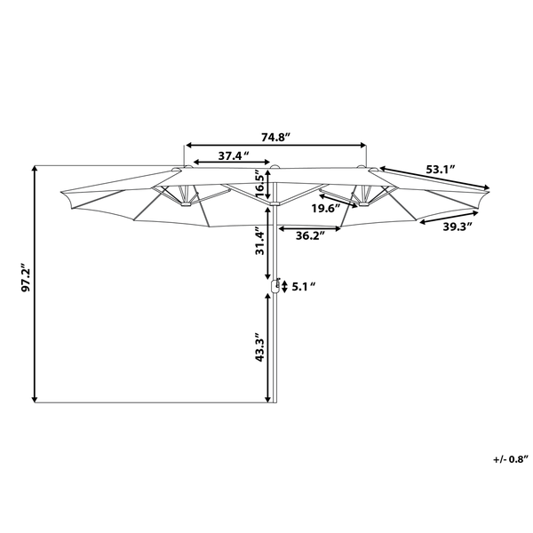 Technische Zeichnung eines doppelten Sonnenschirms mit detaillierten Maßangaben in Zoll für Höhe und Breite.
