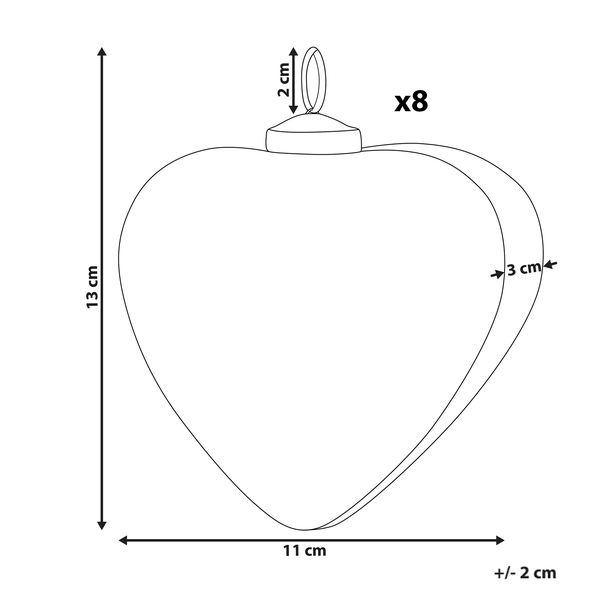 Abmessungen einer herzförmigen Dekofigur, 13 x 11 Zentimeter, 8er Pack