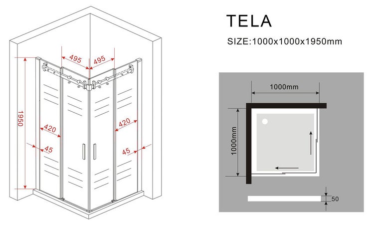 Technische Zeichnung einer Tela Duschkabine mit Maßangaben.