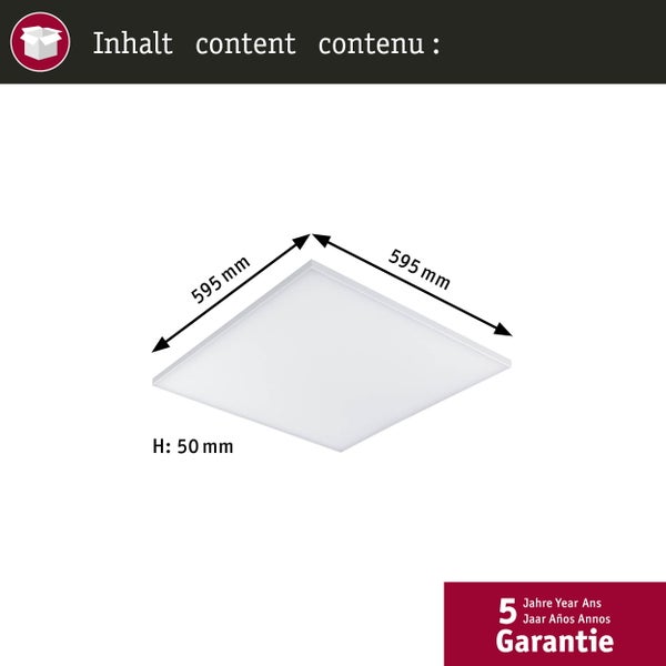 Quadratische LED Lampe mit den Maßen 595 mal 595 Millimeter und 50 Millimeter Höhe