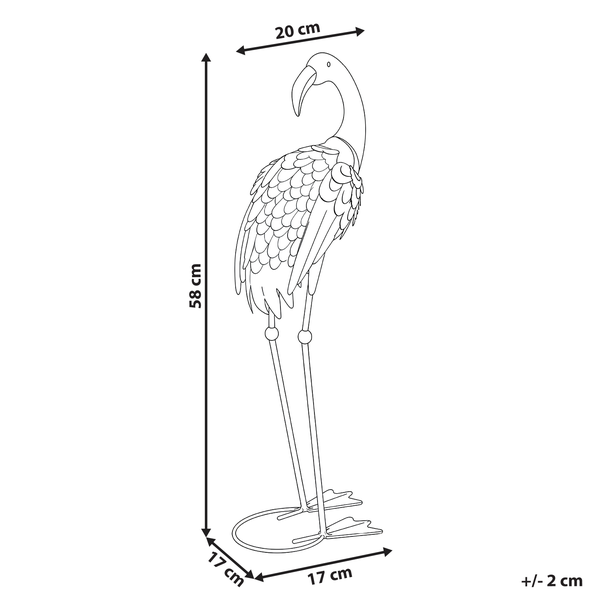 Skizze einer Flamingo Gartenfigur mit Maßen: Höhe 58 Zentimeter, Breite 20 Zentimeter, Tiefe 17 Zentimeter. Toleranz plus minus 2 Zentimeter.