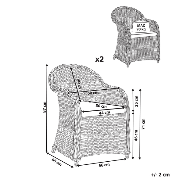 Gartensessel Rattan natürlich 2er Set Auflagen hellbeige SUSUA II