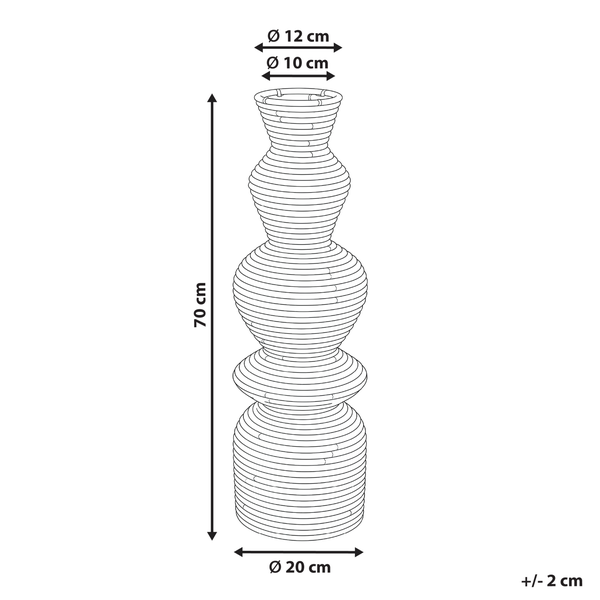 Bodenvase mit Rillen. Höhe 70 Zentimeter, Durchmesser unten 20 Zentimeter, oben 12 Zentimeter, Öffnung 10 Zentimeter. Toleranz plus minus 2 Zentimeter.