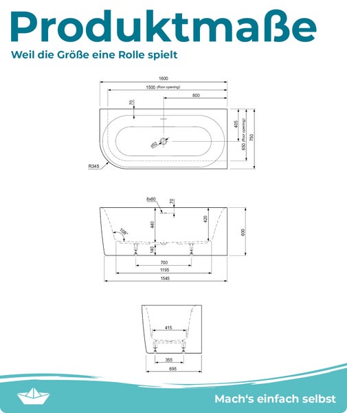 Calmwaters® Vorwand-Badewanne 160x75 cm Komplettset Seamless Comfort, fugenloses Design, vormontiert mit Schürze & Ablaufgarnitur, linke Ausführung, Made in EU, Acryl, 02SL6225