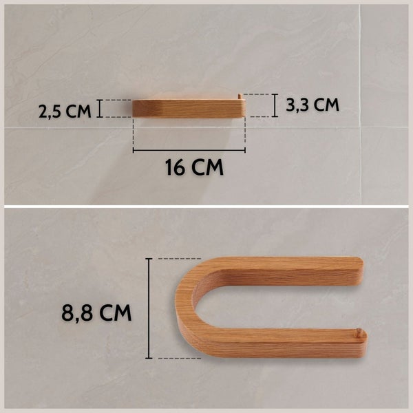Holz Toilettenpapierhalter mit Maßangaben in Zentimeter Breite und Höhe