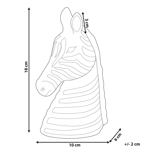 Abmessungen einer Zebra-Dekofigur: 18 cm Höhe, 10 cm Breite, 8 cm Tiefe (plusminus 2 cm), 3 cm Kopfdicke.