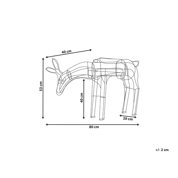 Abmessungen eines dekorativen Hirsches: 40 Zentimeter breit, 53 Zentimeter hoch und 80 Zentimeter tief.