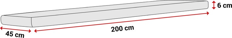 Abmessungen für eine Auflage: Länge 200 Zentimeter, Breite 45 Zentimeter, Höhe 6 Zentimeter.