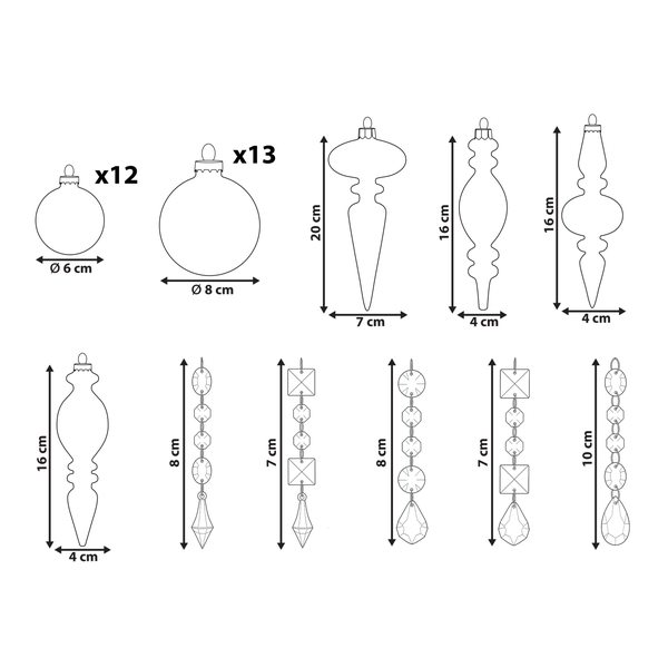 Illustration eines Sets mit 12 Christbaumkugeln mit sechs Zentimeter Durchmesser, 13 Christbaumkugeln mit acht Zentimeter Durchmesser, sowie Ornamenten unterschiedlicher Formen und Größen.