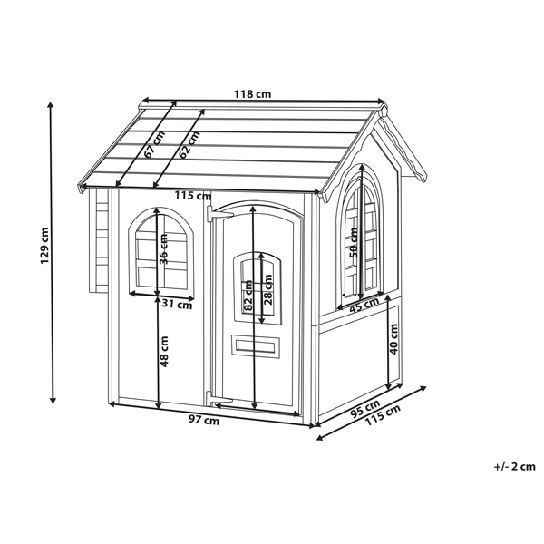 Maßzeichnung Spielhaus mit Höhen- und Breitenangaben