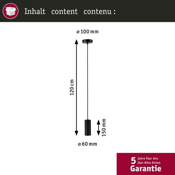 Abmessungen der Pendelleuchte: Durchmesser oben 100 Millimeter, Länge 120 Zentimeter, Durchmesser unten 60 Millimeter, Länge 150 Millimeter
