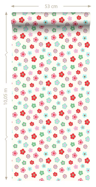 ESTAhome Tapete Blumenmuster Hellblau, Grün und Rot - 53 cm x 10.05 m - 138726
