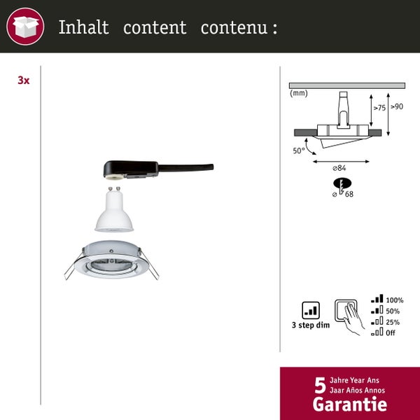 LED Einbauleuchte 3-Step-Dim Nova Basisset schwenkbar rund 84mm 50° GU10 3x6,5W 3x460lm 230V dimmbar 2700K Chrom