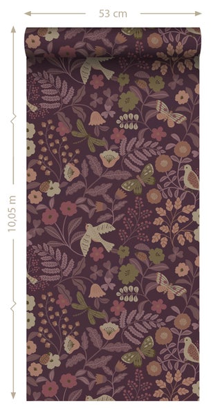 ESTAhome Tapete Blumen und Vögel Aubergineviolett - 50 x 900 cm - 131639