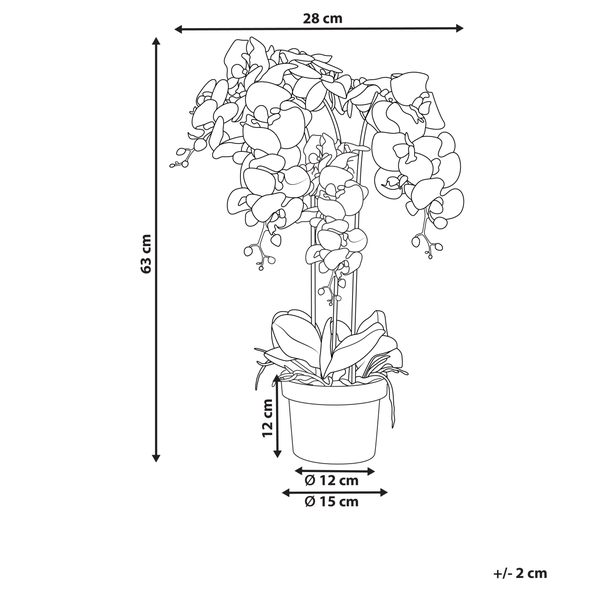 Abmessungen einer Kunstorchidee im Topf: Höhe 63 cm, Breite 28 cm, Topfhöhe 12 cm, Topfdurchmesser oben 15 cm, unten 12 cm, Toleranz circa 2 cm.