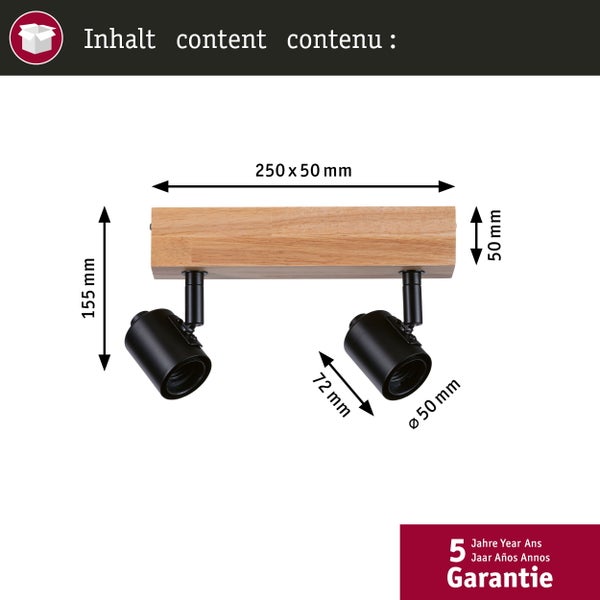 Technische Zeichnung einer Deckenleuchte mit zwei Strahlern und Maßangaben sowie Garantieinformationen.