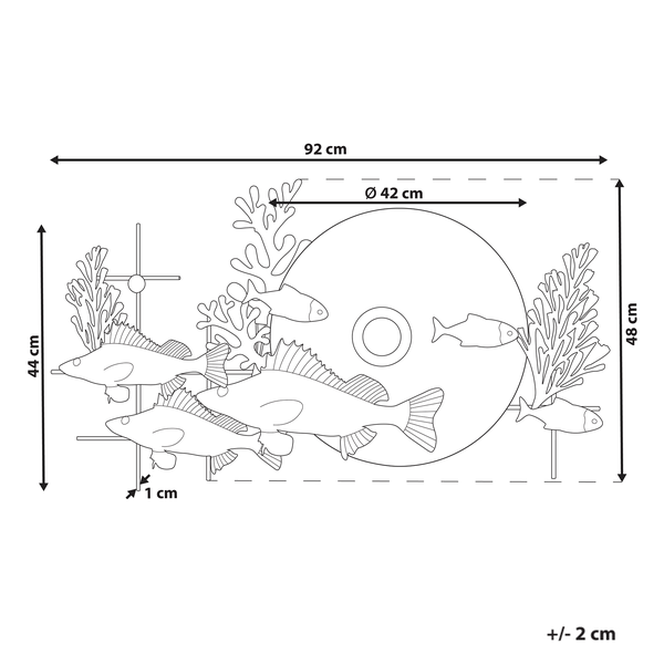 Maße der Metallwanddekoration Fische und Korallen: 92 x 48 cm