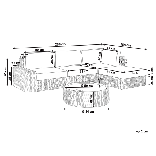 Maßzeichnung eines Gartenlounge-Sets aus Polyrattan mit Ecksofa und rundem Tisch, Abmessungen in Zentimetern.