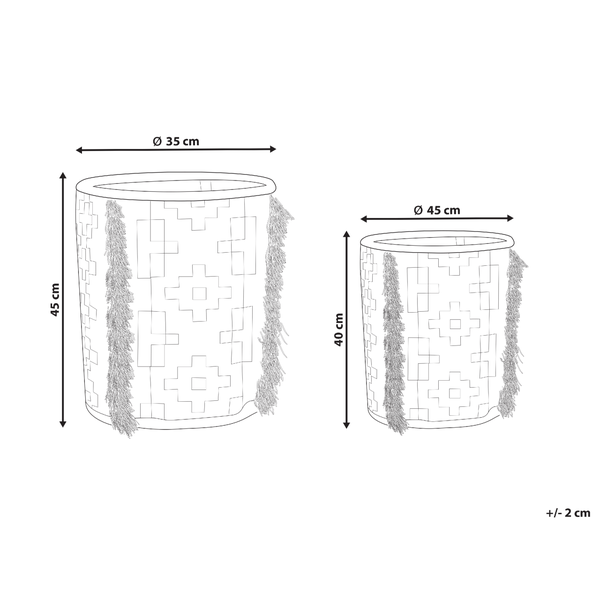Zwei Blumentöpfe mit geometrischem Muster und Fransen, Durchmesser 35 Zentimeter und 45 Zentimeter
