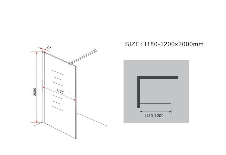 Technische Zeichnung einer Duschwand mit Maßangaben