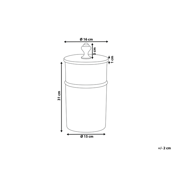 Technische Zeichnung eines Behälters mit Deckel und Maßen: Höhe 31 Zentimeter, Durchmesser oben 16 Zentimeter, unten 15 Zentimeter, Griff 5 Zentimeter, Toleranz plus minus 2 Zentimeter.