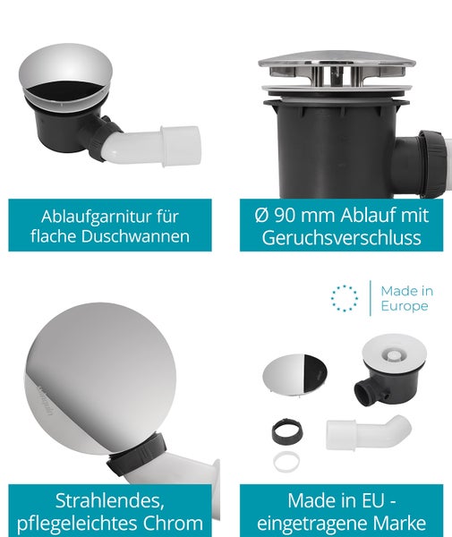 Calmwaters® Ablaufgarnitur für flache Duschwannen, 90 mm, Duschtassen-Ablaufgarnitur mit Abdeckung und Siphon, Duschablauf für bodengleiche Brausewannen, Kunststoff, Chrom, Weiß, 31PM3303
