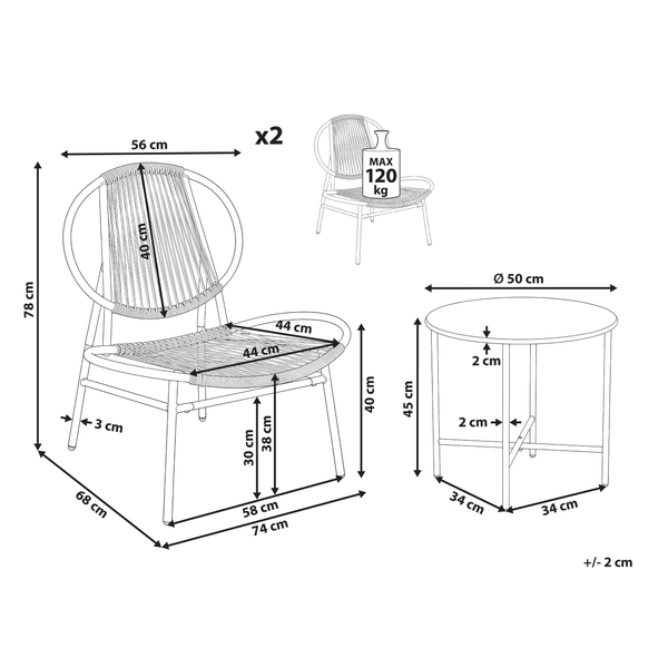 Abmessungen von zwei Stühlen und einem Tisch