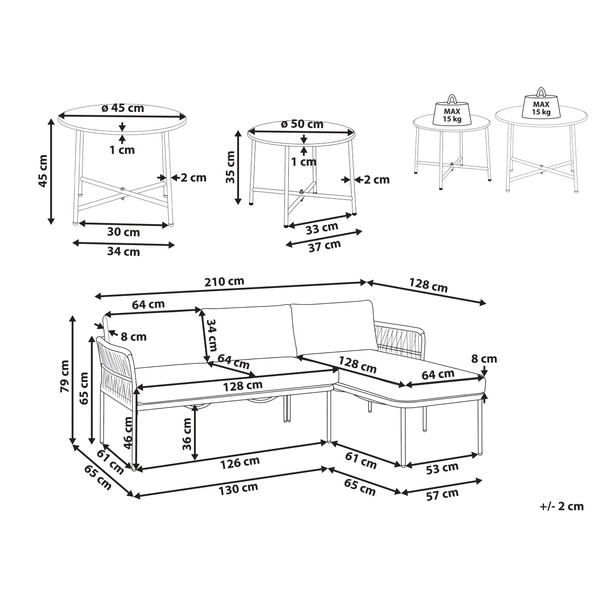 Maßzeichnung eines Gartenmöbel-Sets mit L-Ecksofa und zwei runden Beistelltischen, inklusive detaillierter Angaben in Zentimeter und Kilogramm.
