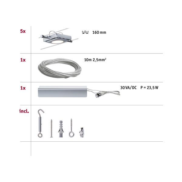 LED Seilsystem MacLED Basisset 5x200lm 5x4,3W 2700K 230/12V Chrom matt