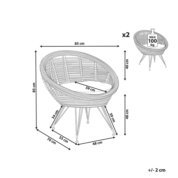 Set mit 2 Stühlen und Sitzkissen MARATEA Rattan Naturfarben