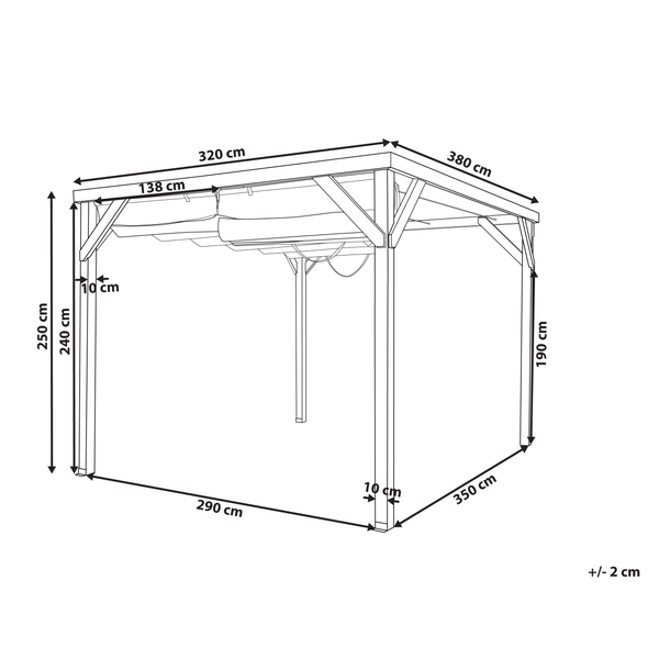 Technische Zeichnung einer Pergola mit Maßen: Breite 320 Zentimeter, Tiefe 380 Zentimeter, Gesamthöhe 250 Zentimeter.