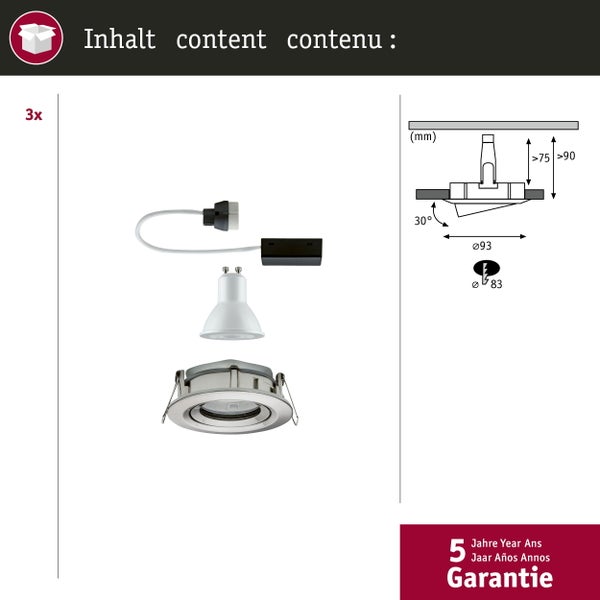 LED Einbauleuchte Nova Plus 3er-Set schwenkbar IP65 rund 93mm 30° GU10 3x7W 3x460lm 230V dimmbar 2700K Eisen gebürstet