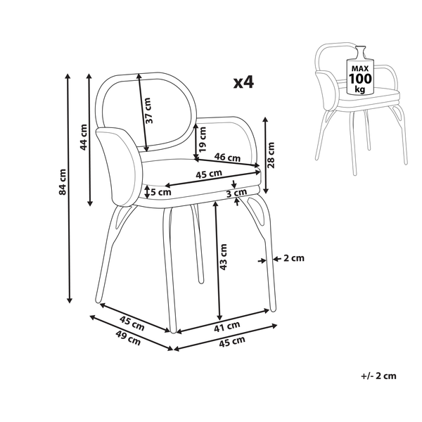 Abmessungen des Stuhls, maximale Belastbarkeit 100 Kilogramm, 4er-Pack