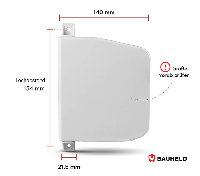 Ein Aufputz Gurtwickler für Rollläden mit technischen Maßangaben und Lochabstand von 154 Millimeter sowie Bauheld Logo.