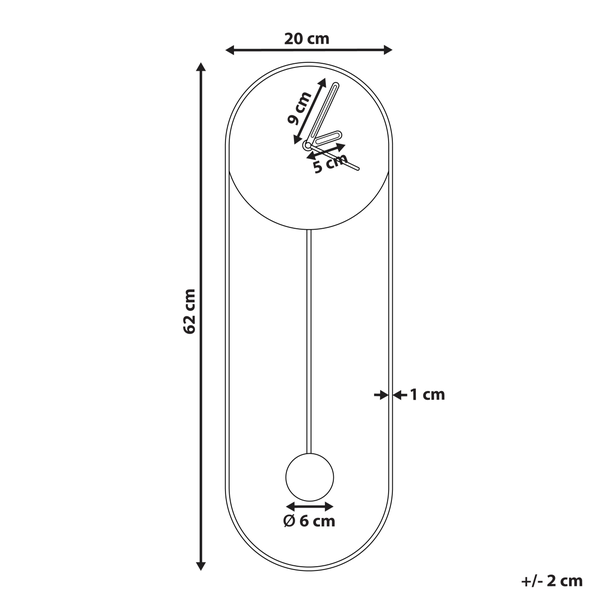 Maßzeichnung einer ovalen Wanduhr mit Pendel. Höhe 62 Zentimeter, Breite 20 Zentimeter. Zeigerlängen 9 und 5 Zentimeter.