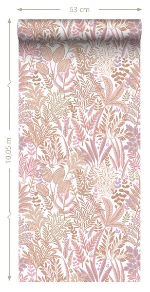 ESTAhome Tapete tropische Blätter und Blüten Rosa und Lila - 50 x 900 cm - 131666