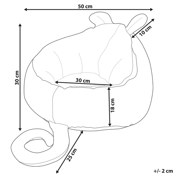 Skizze Sitzsack Tierform: Höhe 30, Breite 50, Sitzhöhe 18, Sitzbreite 30, Schwanz 25, Ohr 10 Zentimeter, Toleranz plus minus 2 Zentimeter.