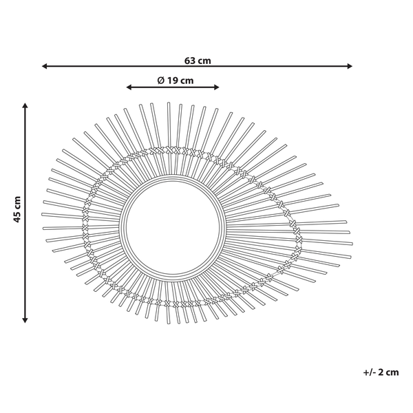 Skizze eines Spiegels mit einem Durchmesser von 19 Zentimetern und einer Größe von 63 mal 45 Zentimetern