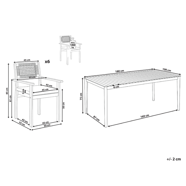 Abmessungen Gartengarnitur mit sechs Stühlen und einem Tisch