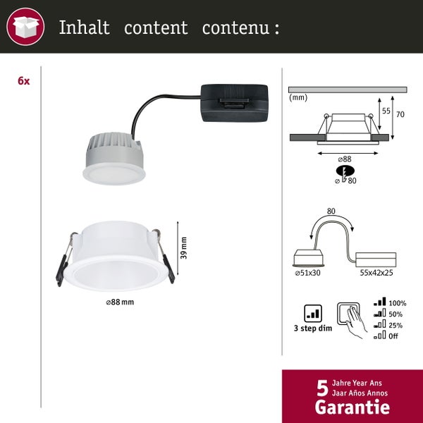 Set LED Einbauleuchte Cole Coin 6er-Set IP44 88mm Coin 6x6W 6x470lm 230V dimmbar 2700K Weiß matt