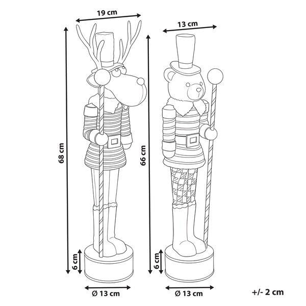 Zwei dekorative Weihnachtsfiguren in Form eines Rentiers und eines Bären als Nussknacker mit Zylinder und Stab als festliche Tischdekoration
