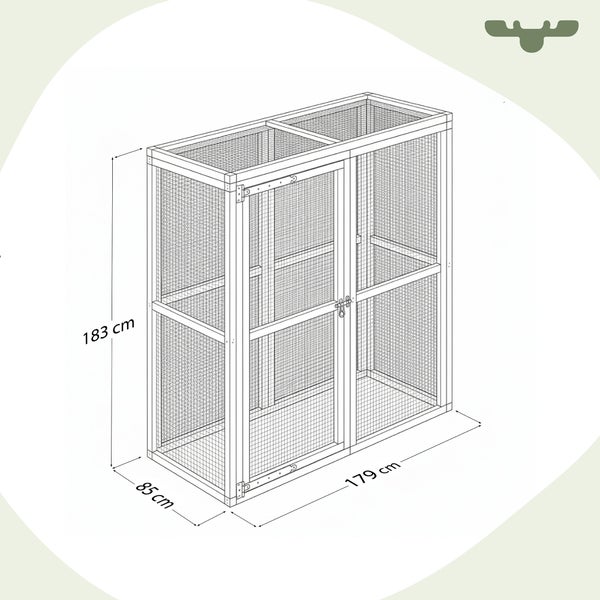 Illustration eines Drahtkäfigs mit den Maßen 183 cm Höhe, 179 cm Breite und 85 cm Tiefe.